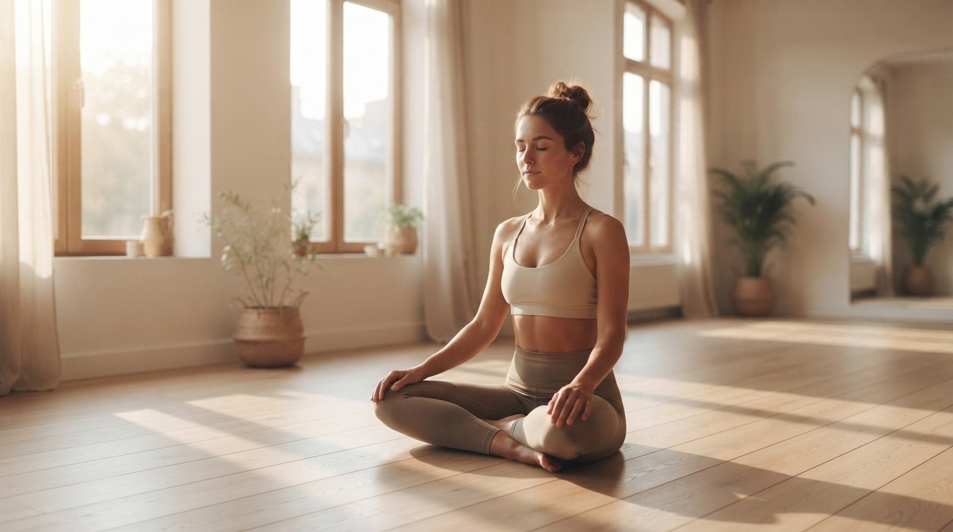 Professeure de yoga en méditation dans un studio lumineux
